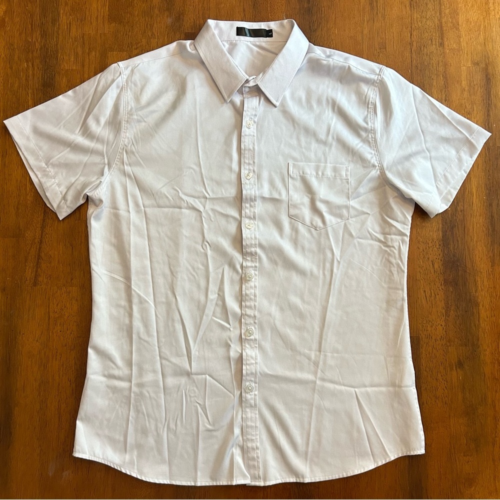 Men’s White Short Sleeve Button-Up Shirt- Large | Lightweight Performance Fabric